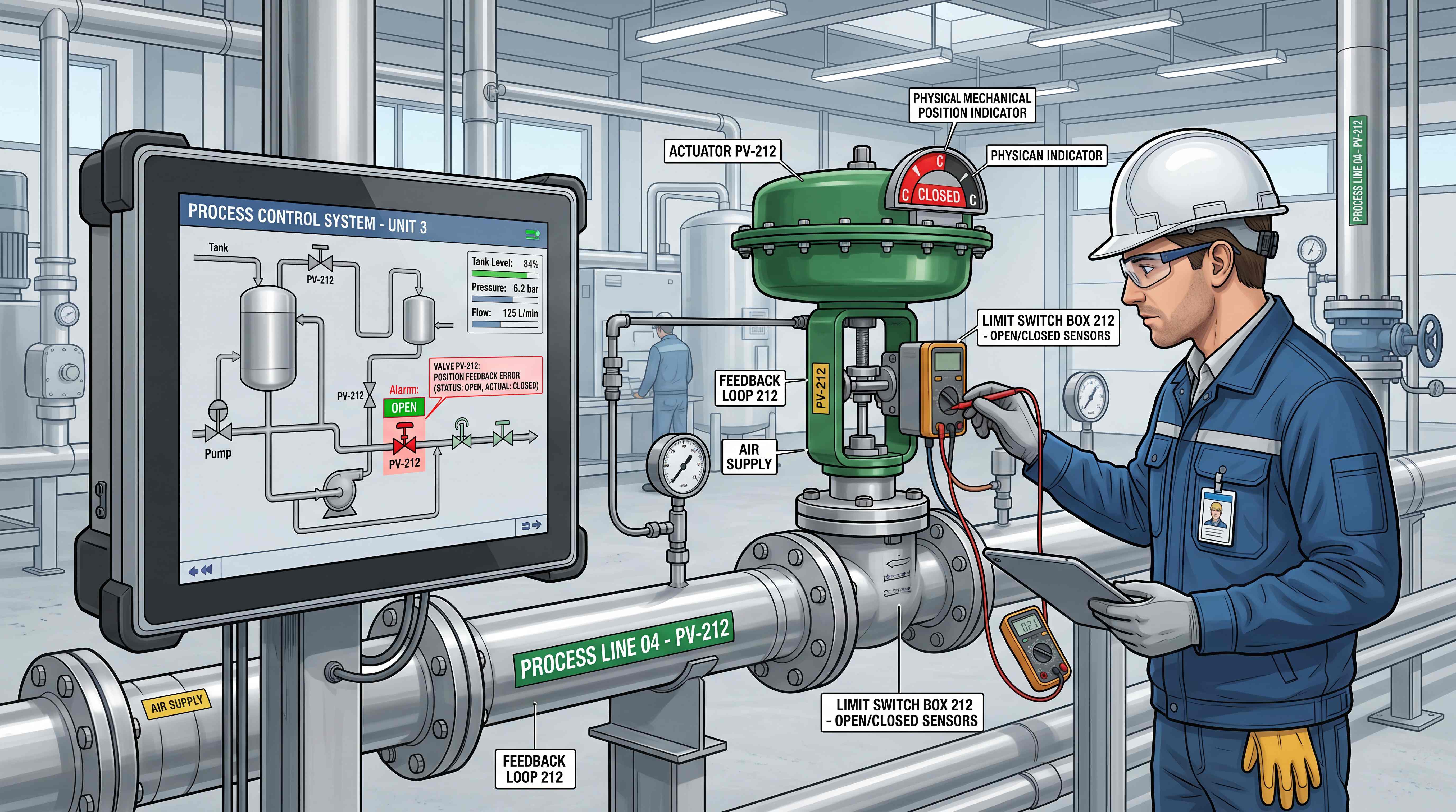 Valve position feedback troubleshooting with PLC alarm, limit switch sensor check and physical valve position verification